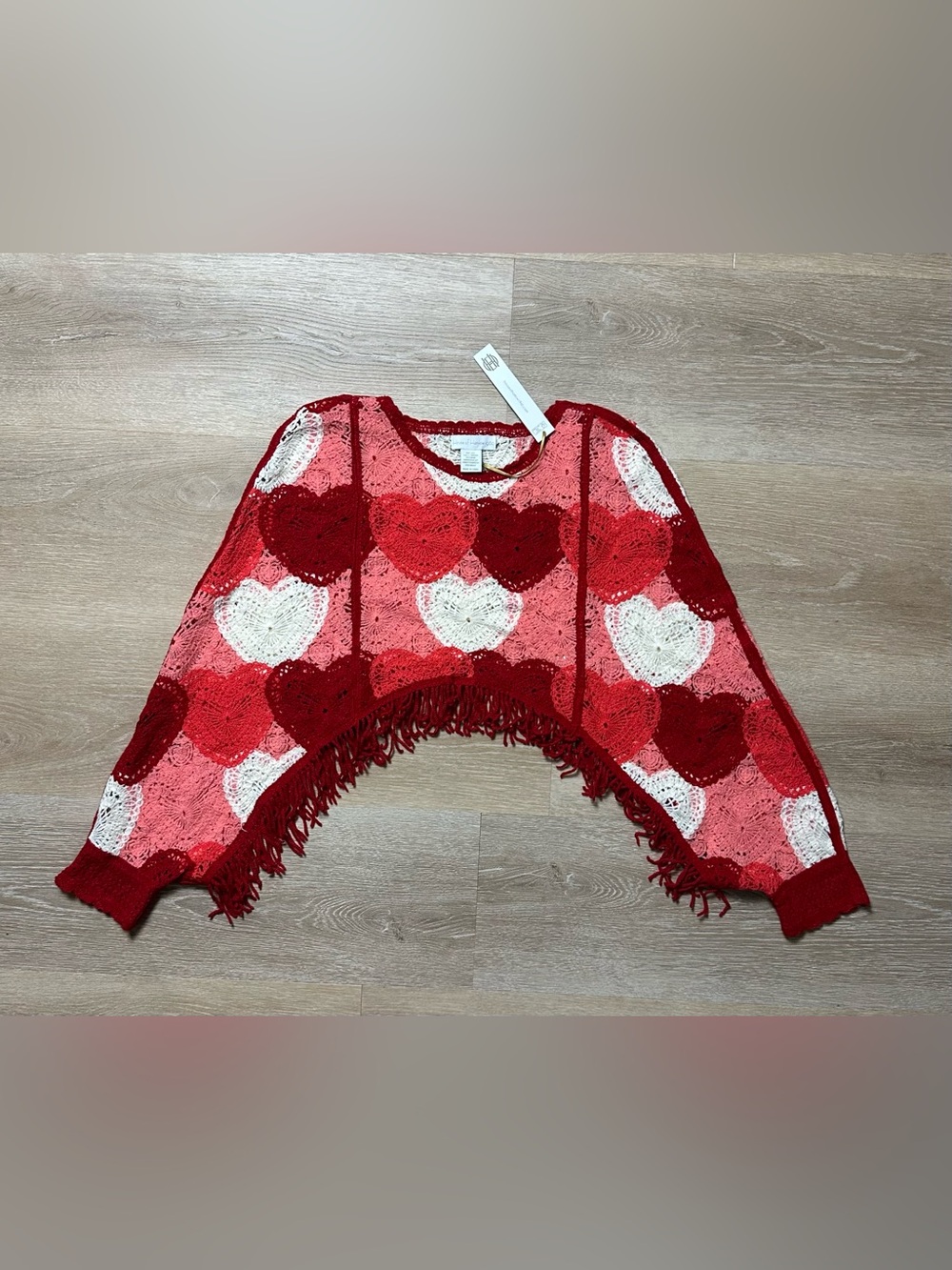 House of Harlow 1960 Red Pink Crochet Cropped Heart Fringe Sweater One Size NWT